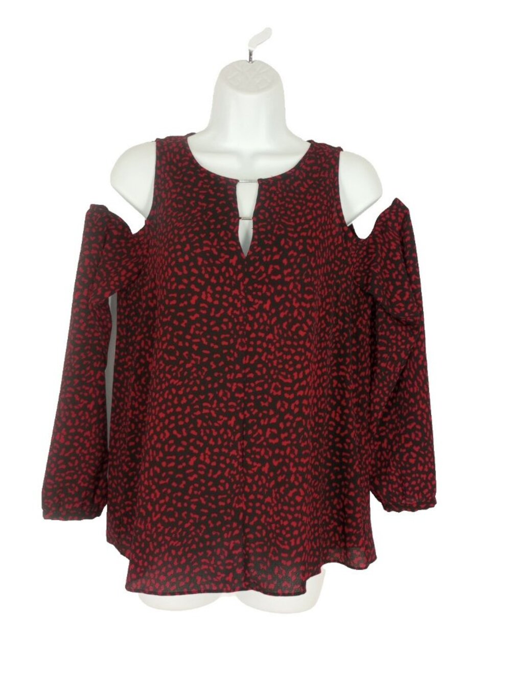 Michael Michael Kors Blouse sz S Red Black Cold Shoulder Top Keyhole Long Sleeve
